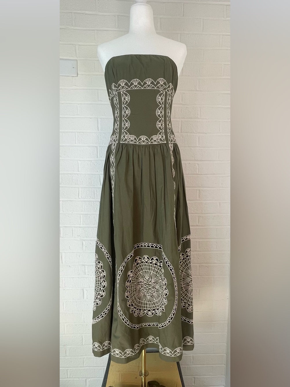 Anthropologie Strapless Olive Green Embroidered Cotton Midi Dress NWT Small - Picture 1 of 11